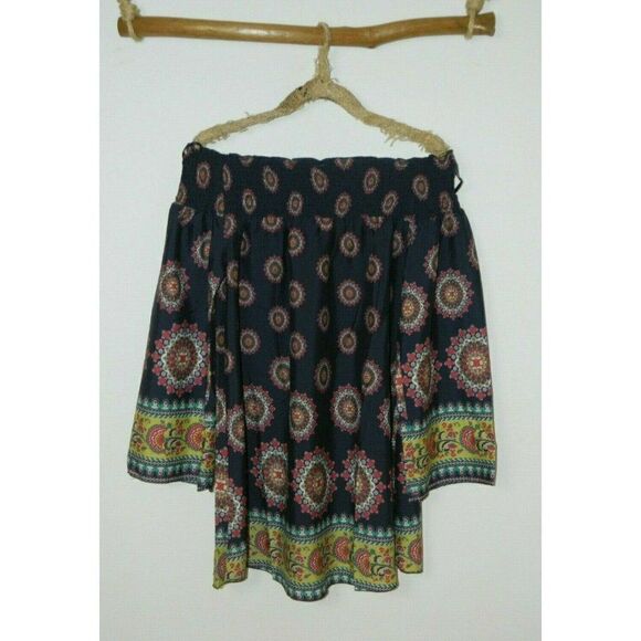 Band of Gypsies Zoe & Rose Dress Blue Floral Off The Shoulder‎ Bell Sleeves Mini - Picture 11 of 16